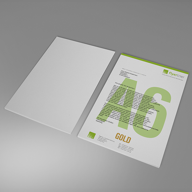Briefpapier DIN A6, 5/0 farbig<br>(Vorderseite: CMYK 4-farbig + Gold-Farbe / Rückseite: unbedruckt)